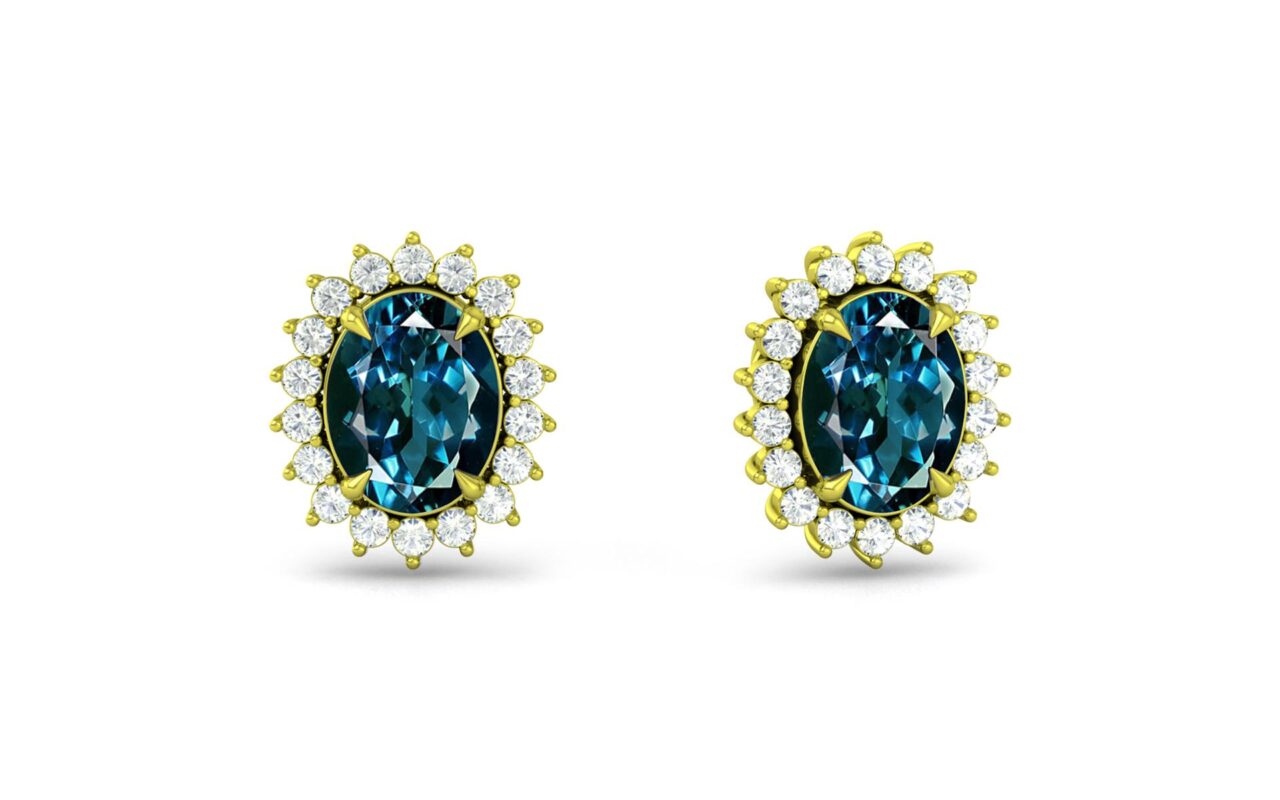 Halo Pave Set London Blue Topaz Panchdhatu Diamond Stud Earrings (E7)